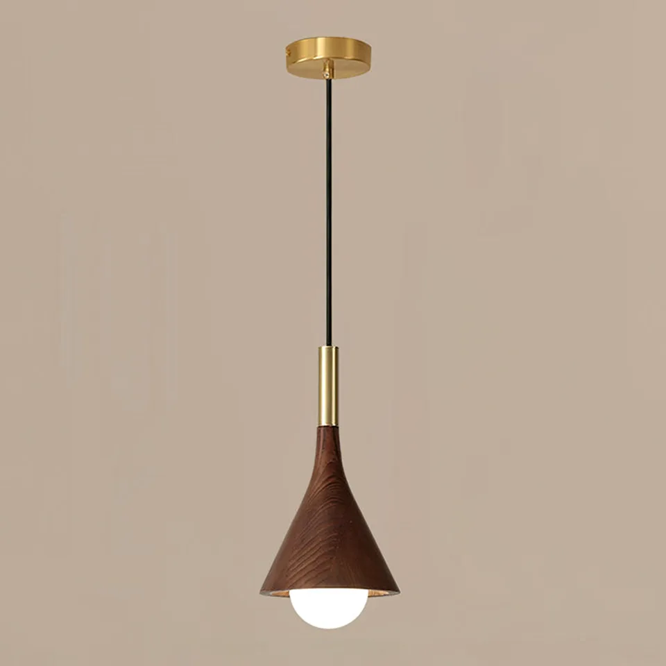 Wood cone pendant light with brass stem and opal glass globe - Jagmag Lights