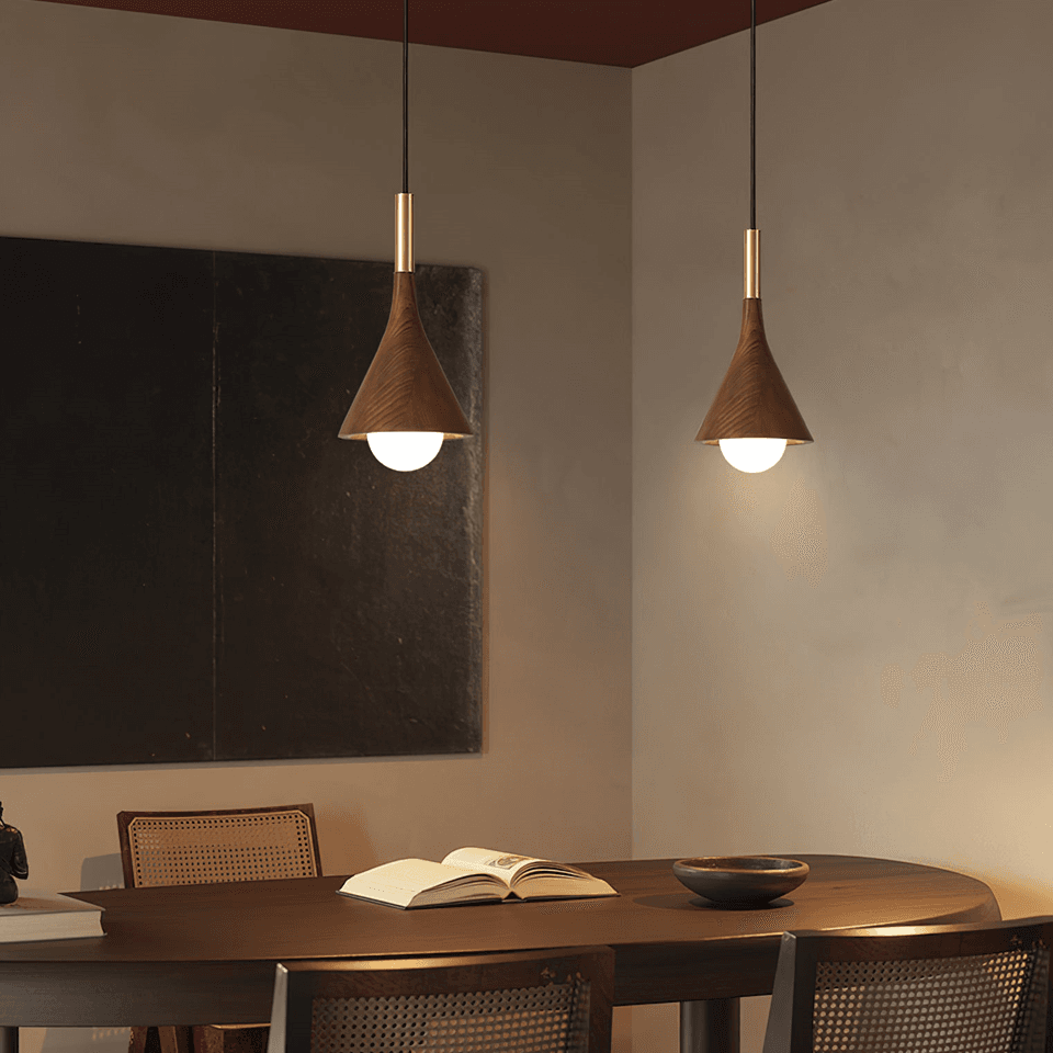 Wood Cone Pendant Light – Teak Shade, Brass Stem & Opal Glass Globe 10 Inch | Jagmag Lights 8 Two wood cone pendant lights lit above a dining table - Jagmag Lights