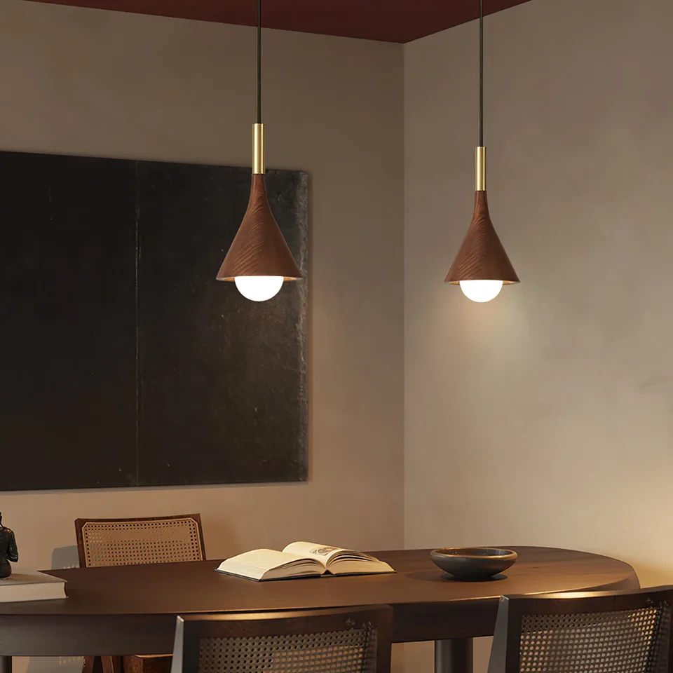 Wood Cone Pendant Light – Teak Shade, Brass Stem & Opal Glass Globe 10 Inch | Jagmag Lights 8 Two wood cone pendant lights lit above a dining table - Jagmag Lights