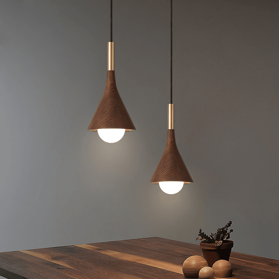 Wood Cone Pendant Light – Teak Shade, Brass Stem & Opal Glass Globe 10 Inch | Jagmag Lights 9 Two wood cone pendant lights at staggered heights over a wood table - Jagmag Lights