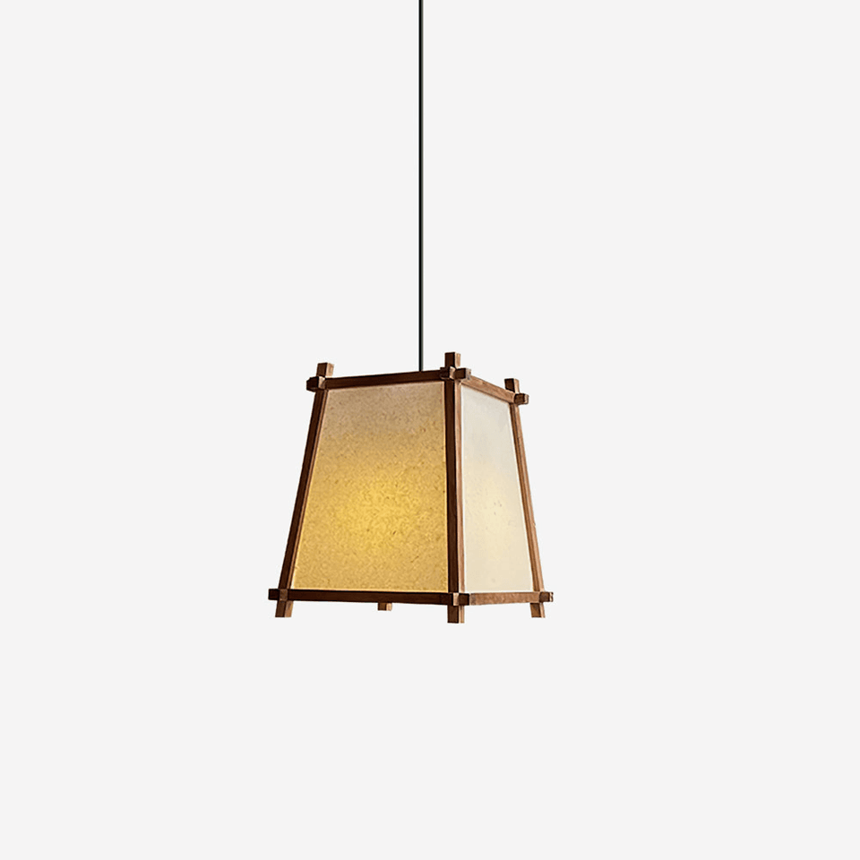 Wood lantern pendant light with tapered frame and warm paper-look panels - Jagmag Lights