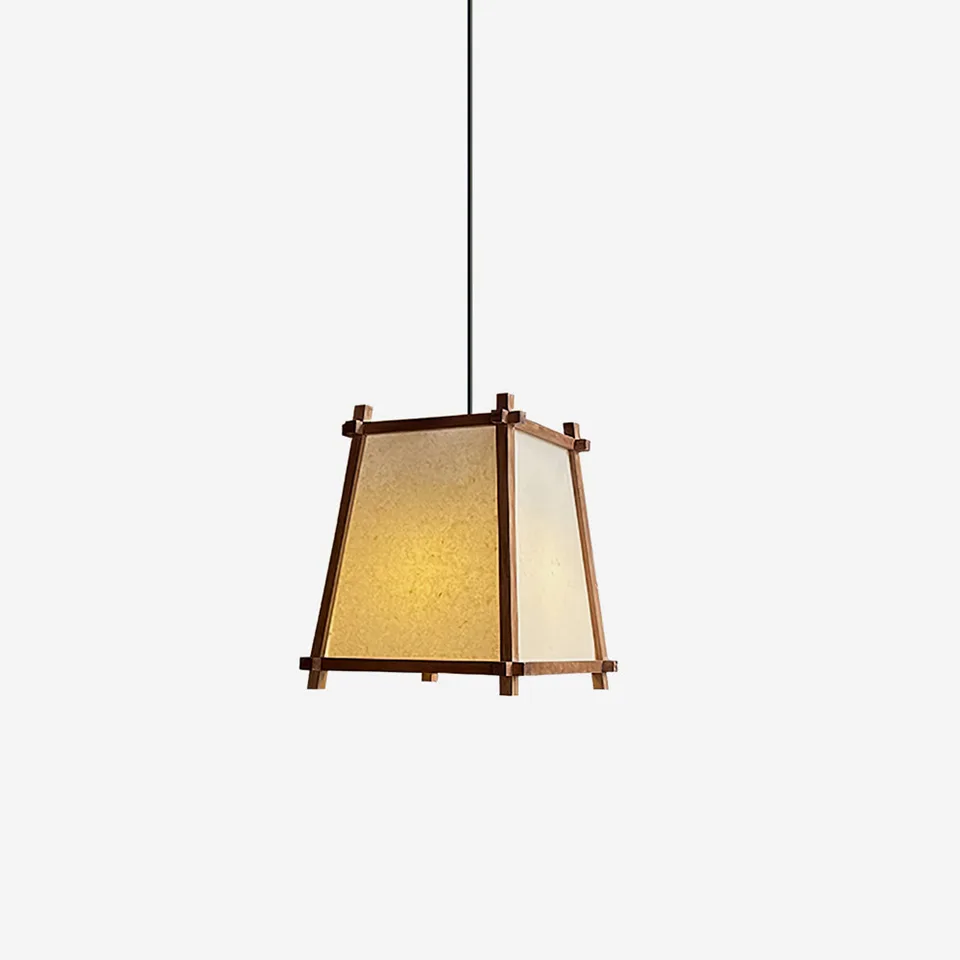 Wood lantern pendant light with tapered frame and warm paper-look panels - Jagmag Lights