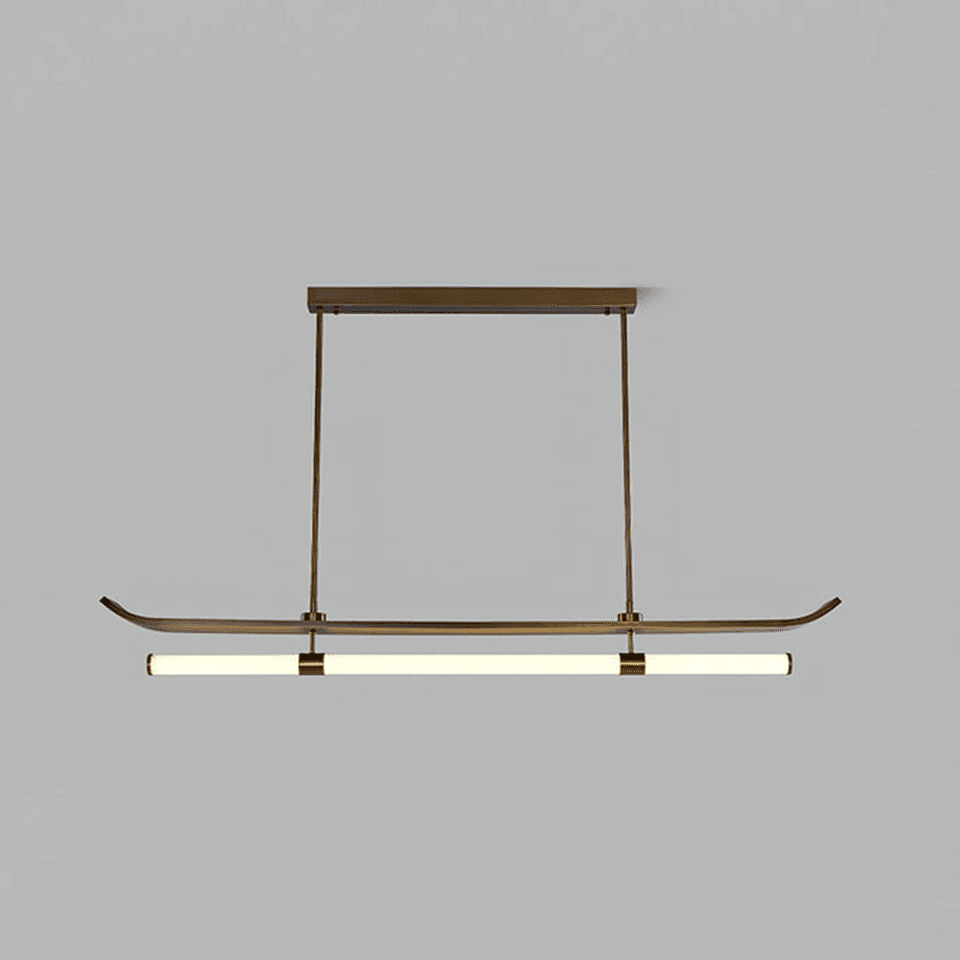 Wood linear chandelier lit warm, curved wood blade above a glowing acrylic tube