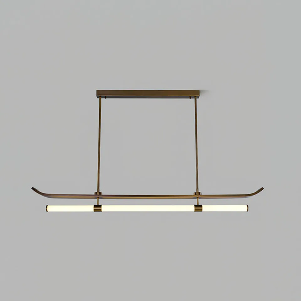 Wood linear chandelier lit warm, curved wood blade above a glowing acrylic tube