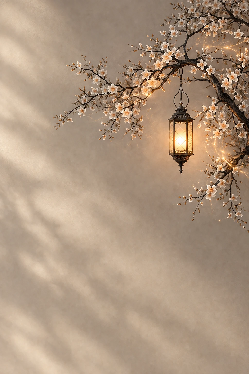 Jagmag Lights — a glowing brass lantern hanging from a blossoming branch against a warm plaster wall