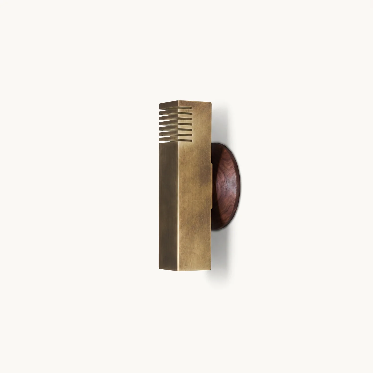 Boundary Wall Light – Up & Down Sconce in Stainless Steel & Walnut, 26.7 cm 10 Boundary wall light from the other side: antique brass finish column on a walnut wood disc