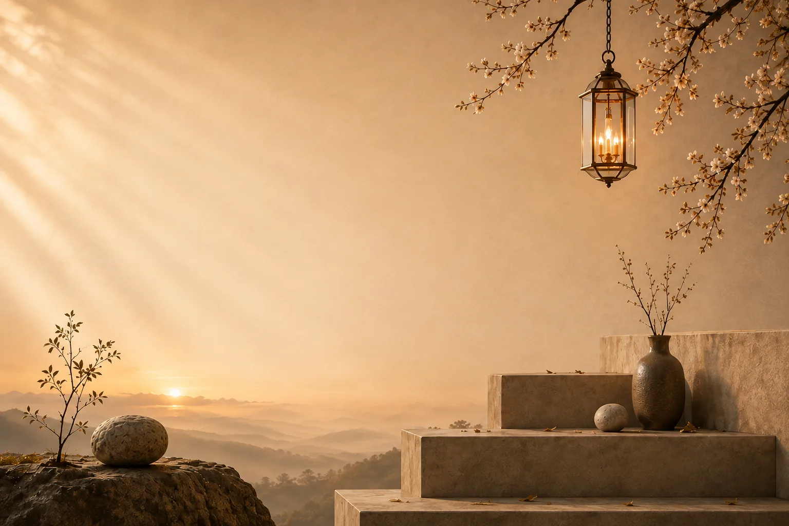 Custom-made decorative lighting by Jagmag Lights - a handcrafted brass lantern in a serene mountain-sunrise setting