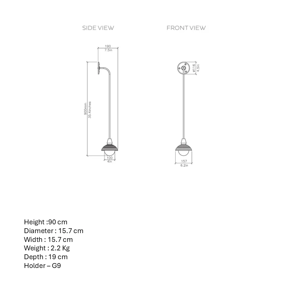 Gooseneck Wall Light – Reeded Dome & Opal Glass Ball, 90 cm | Jagmag Lights 7 Gooseneck wall light dimension drawing: 900 mm drop, ø157 mm shade, 190 mm reach, ø116 mm wall plate
