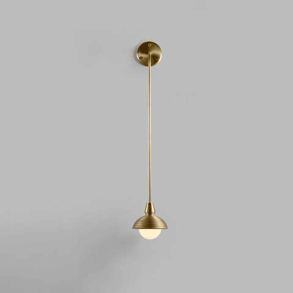 Gooseneck Wall Light – Reeded Dome & Opal Glass Ball, 90 cm | Jagmag Lights 2 Gooseneck wall light shown front-on, the curved brass arm and long 90 cm drop to the reeded dome with opal borosilicate glass ball