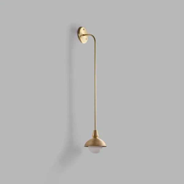 Side view of the hanging wall light: round wall plate, curved gooseneck arm and reeded wood dome holding an opal borosilicate glass ball