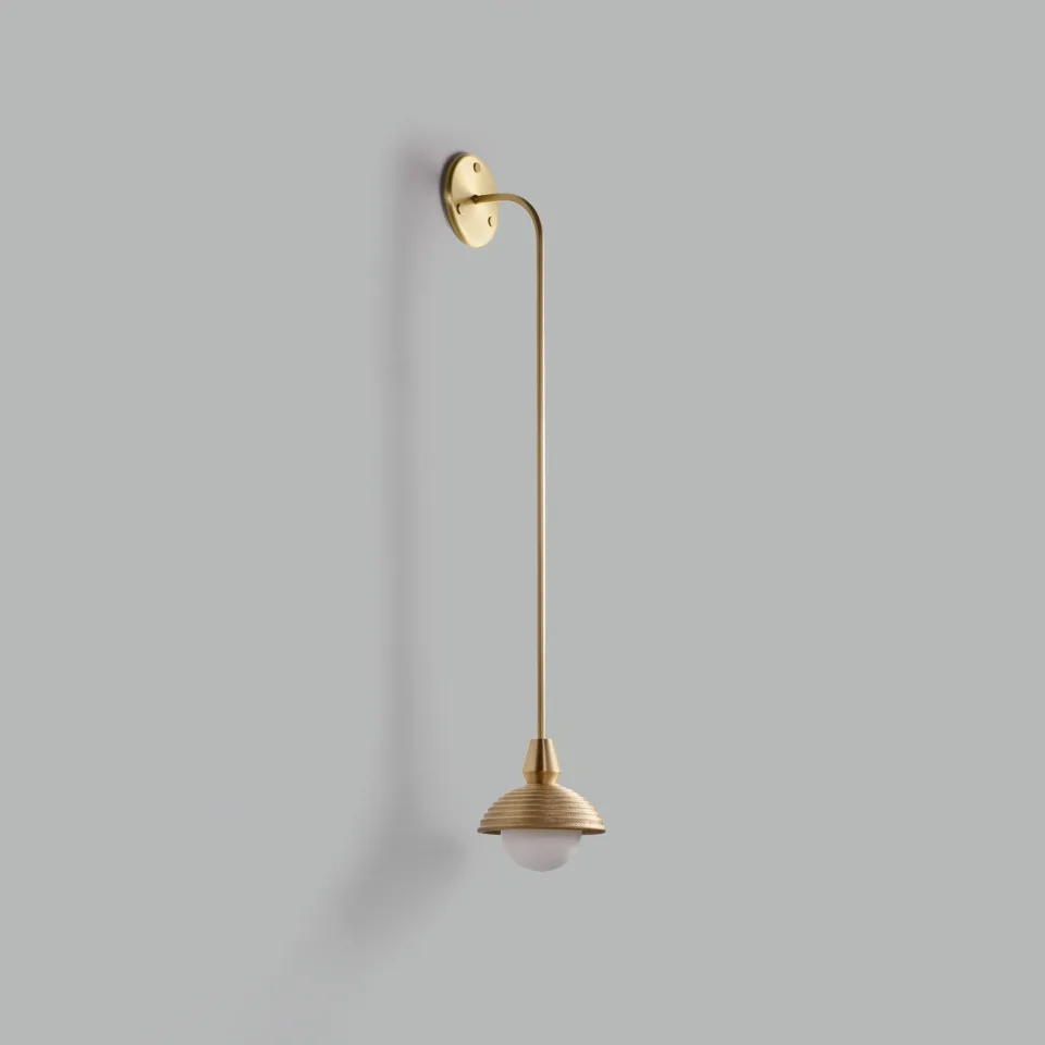 Gooseneck Wall Light – Reeded Dome & Opal Glass Ball, 90 cm | Jagmag Lights 3 Gooseneck wall light, side view of the curved brass arm and reeded dome with opal borosilicate glass ball