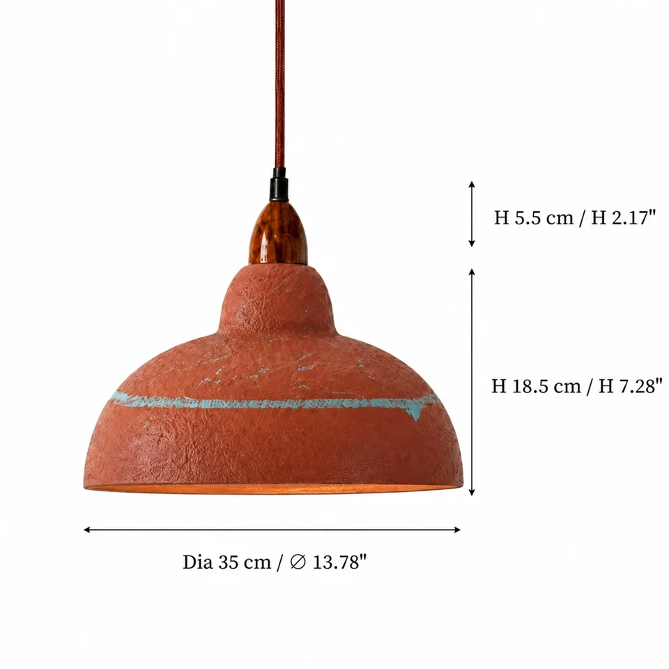 Terracotta Resin Pendant Light – Hand-Painted Dome, 35 cm | Jagmag Lights 12 Terracotta resin pendant light dimension diagram: 35 cm diameter, 18.5 cm shade height, 5.5 cm wood finial