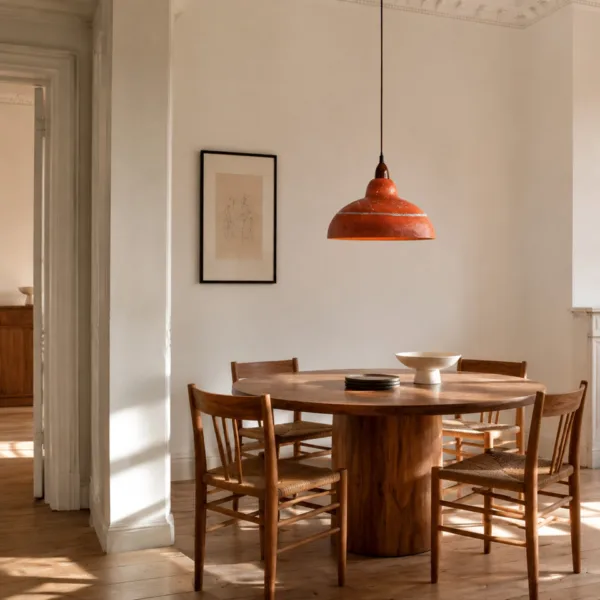 Terracotta lamp over a round wooden dining table with rush-seat chairs in a sunlit room