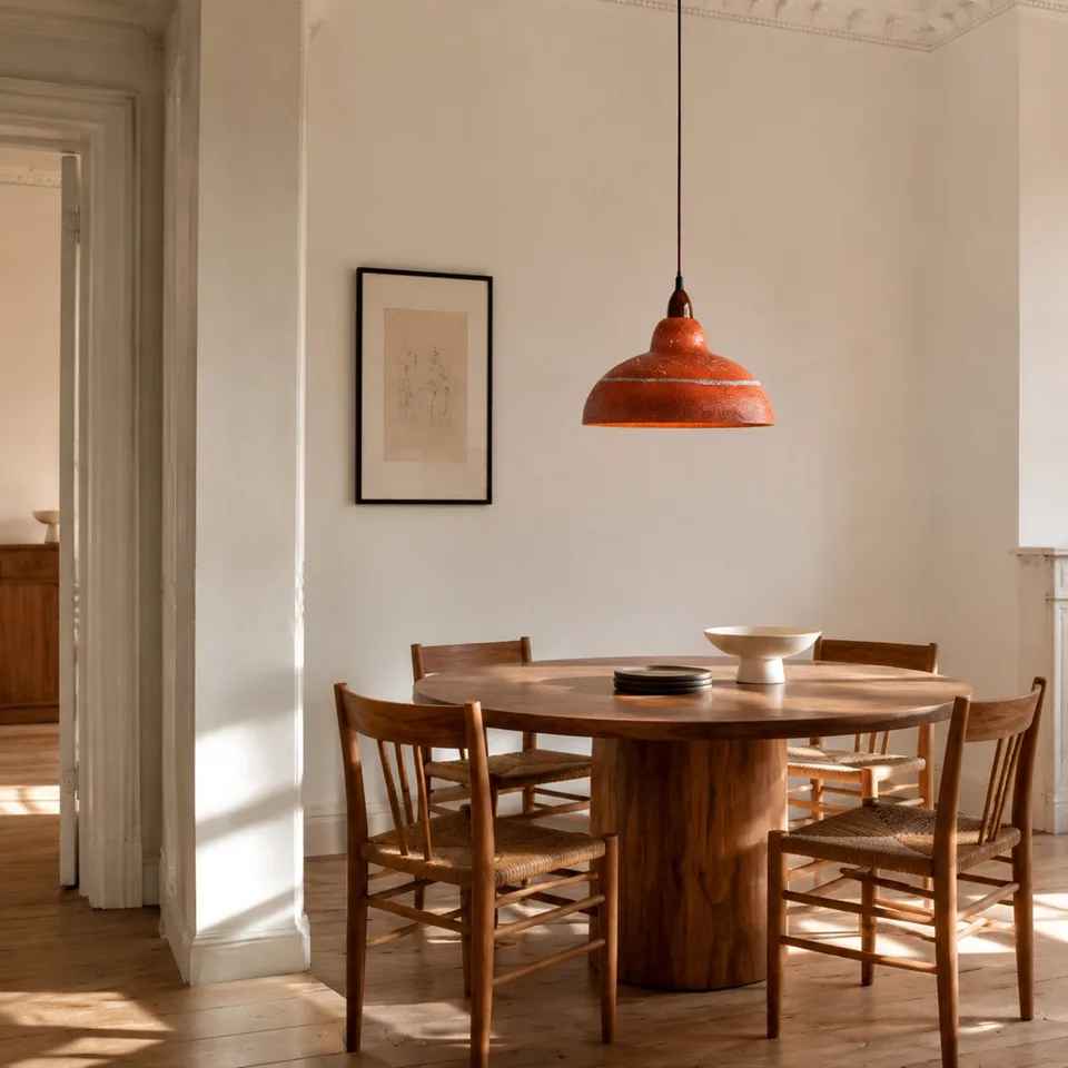Terracotta Resin Pendant Light – Hand-Painted Dome, 35 cm | Jagmag Lights 8 Terracotta resin dome pendant light over a round wooden dining table in a sunlit room
