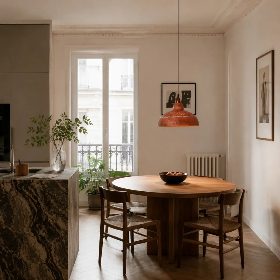 Terracotta Resin Pendant Light – Hand-Painted Dome, 35 cm | Jagmag Lights 5 Terracotta resin pendant light above a round dining table in a bright Parisian apartment