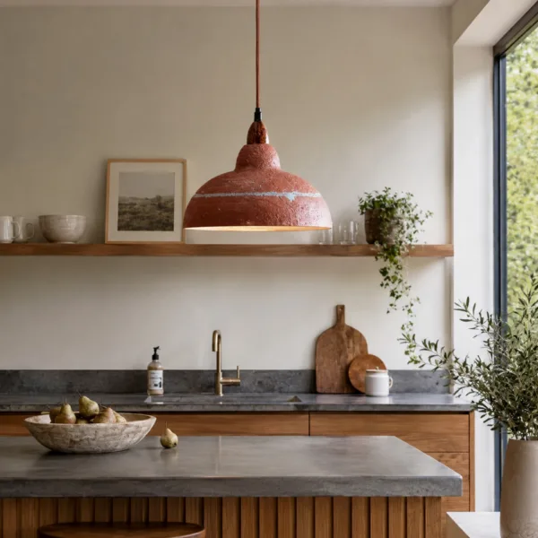 Terracotta lamp hanging above a concrete kitchen island, with open wooden shelving and a brass tap behind
