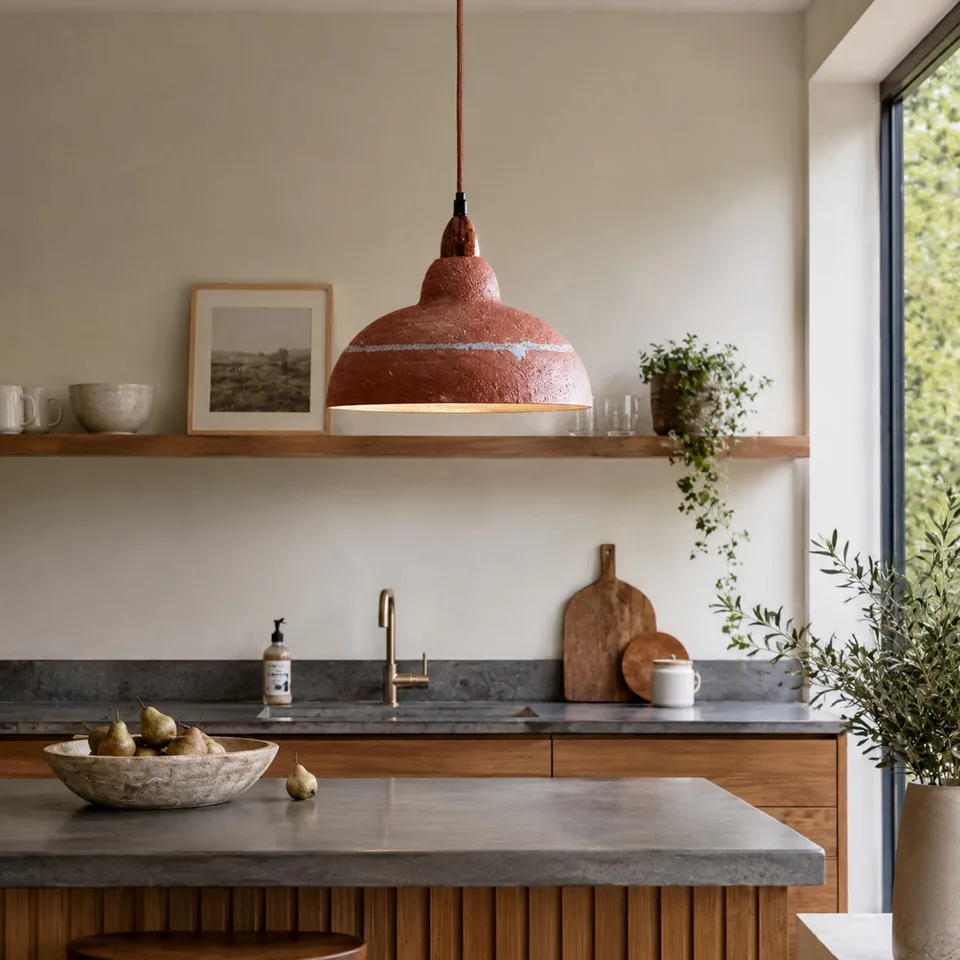 Terracotta Resin Pendant Light – Hand-Painted Dome, 35 cm | Jagmag Lights 4 Terracotta resin pendant light above a kitchen island with open shelving and stone worktop