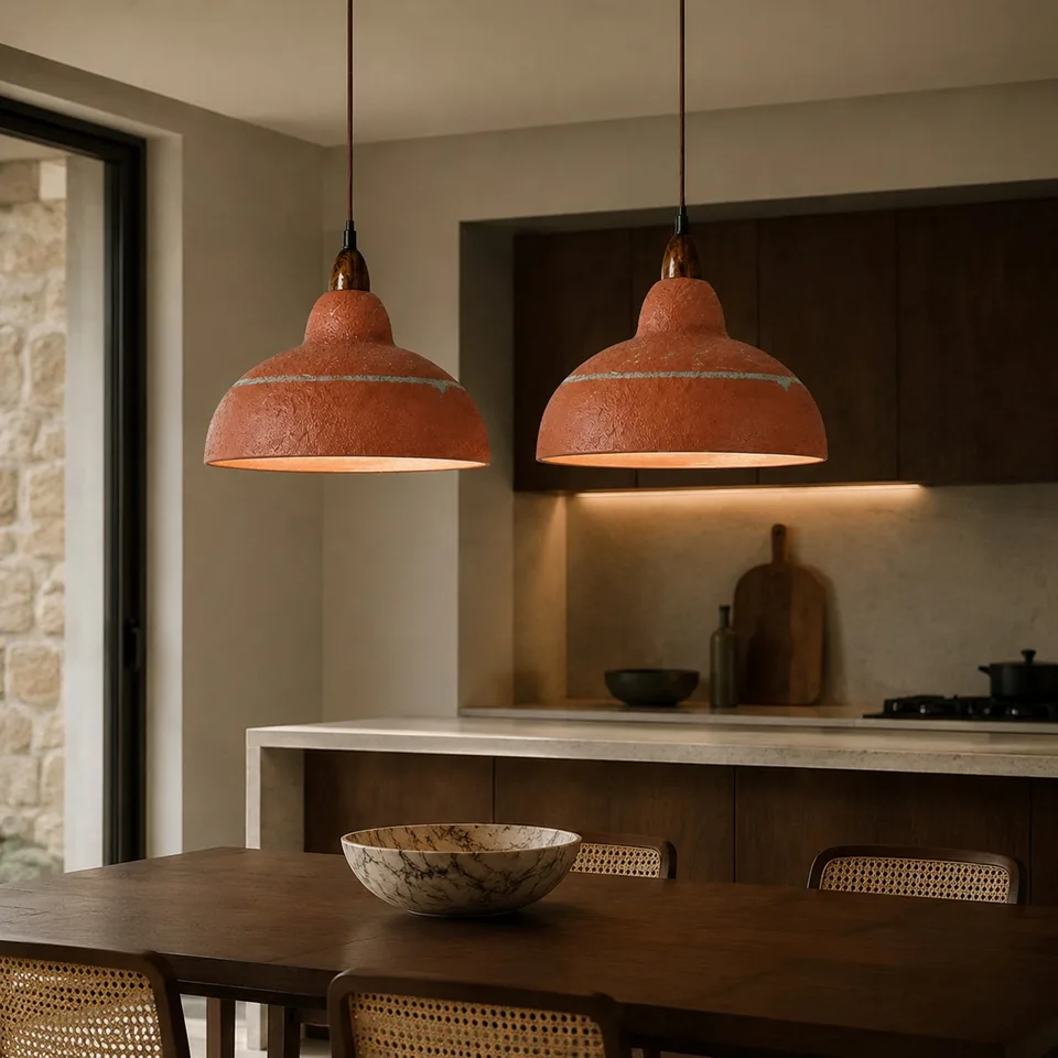 Terracotta Resin Pendant Light – Hand-Painted Dome, 35 cm | Jagmag Lights 2 Pair of terracotta resin dome pendant lights over a dining table in a modern stone-and-wood kitchen
