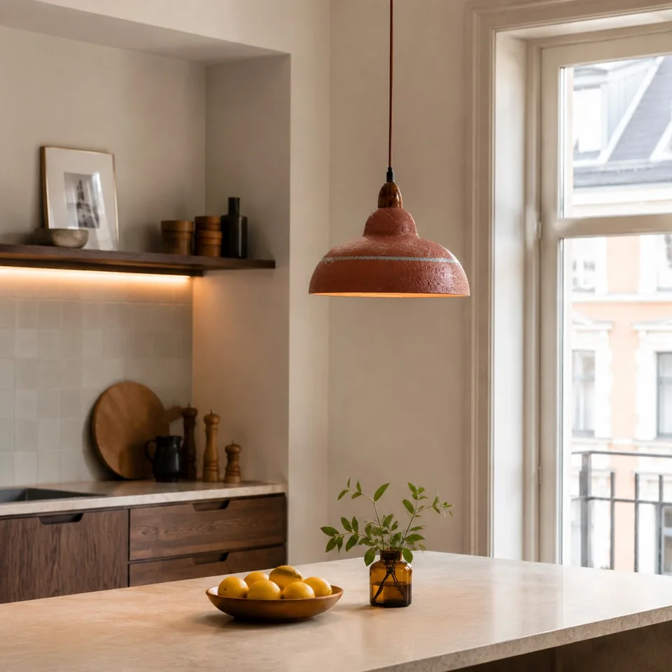 Terracotta Resin Pendant Light – Hand-Painted Dome, 35 cm | Jagmag Lights 9 Terracotta resin dome pendant light over a kitchen island in a Scandinavian-style room