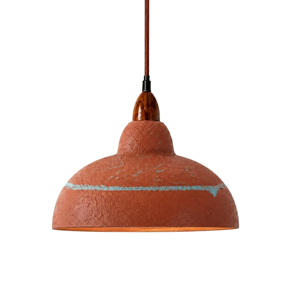 Terracotta Resin Pendant Light – Hand-Painted Dome, 35 cm | Jagmag Lights 3 Terracotta resin dome pendant light on a white background, textured shade with orange fabric cord