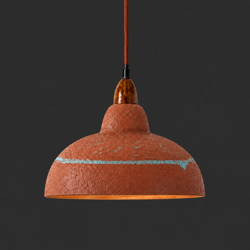 Terracotta Resin Pendant Light – Hand-Painted Dome, 35 cm | Jagmag Lights 7 Terracotta resin dome pendant light unlit, textured shade with distressed blue-green line, on a dark background
