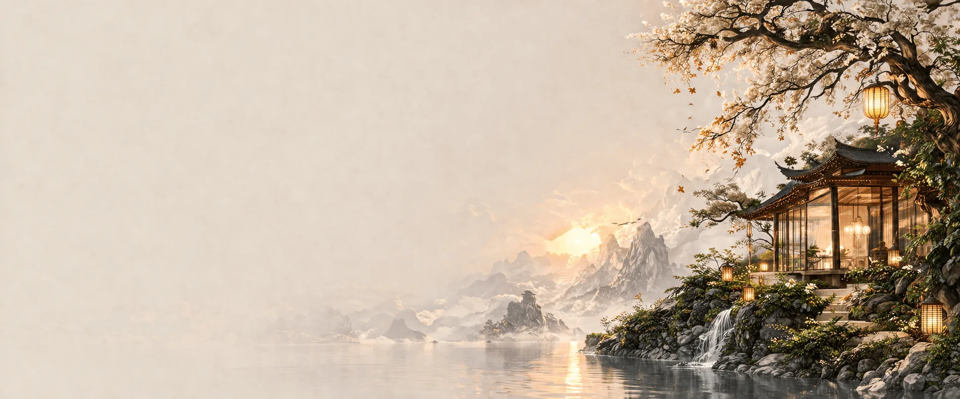 Become a Jagmag Lights dealer - a serene mountain pagoda with warm lanterns at sunrise