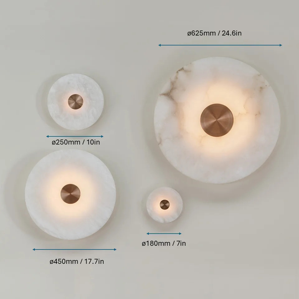 Alabaster Wall Light – Eclipse Disc Sconce, 4 Sizes | JagMag Lights 8 Size comparison of the Alabaster Eclipse disc wall light — ø180 mm/7in, ø250 mm/10in, ø450 mm/17.7in and ø625 mm/24.6in — with a brushed bronze centre
