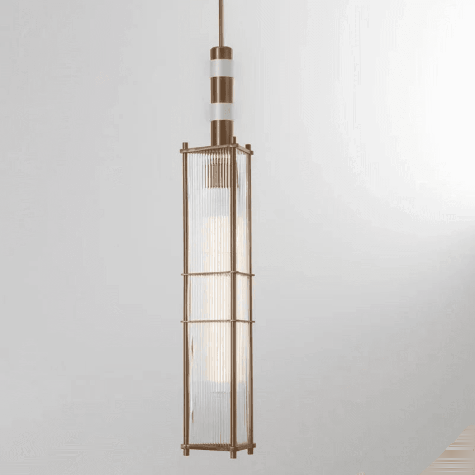 Reeded Glass Lantern Pendant – Brass Cage, 75 cm | Jagmag Lights 2 Reeded glass lantern pendant in antique brass with a white accent band, tall fluted-glass cage