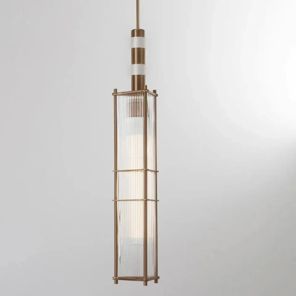 Reeded Glass Lantern Pendant – Brass Cage, 75 cm 2 Reeded glass lantern pendant in antique brass with a white accent band, tall fluted-glass cage