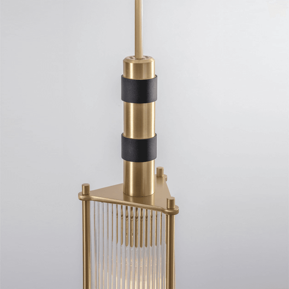 Reeded Glass Lantern Pendant – Brass Cage, 75 cm | Jagmag Lights 3 Close-up of the satin brass top holder with black bands on the reeded glass lantern pendant