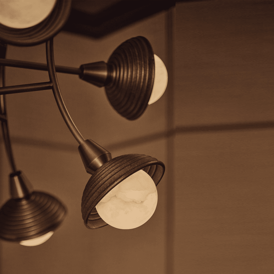 Sputnik Chandelier – 13-Light Reeded Wood & Alabaster, 70 cm | Jagmag Lights 5 Close-up of the antique-bronze sputnik chandelier reeded wood domes and natural alabaster balls