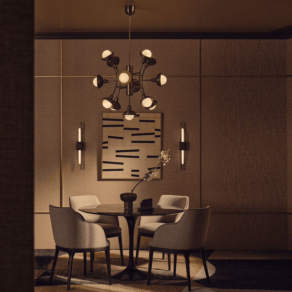 Sputnik Chandelier – 13-Light Reeded Wood & Alabaster, 70 cm | Jagmag Lights 4 Antique-bronze sputnik chandelier over a round dining table in a warm modern dining room