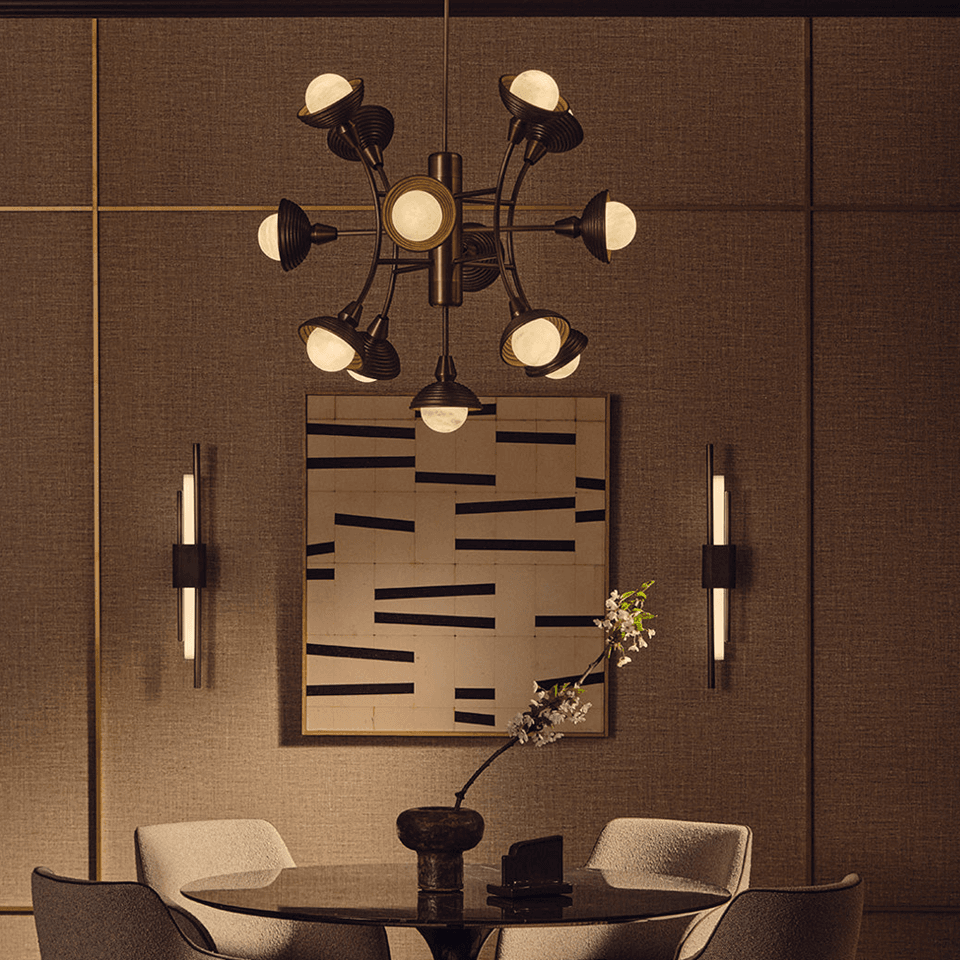 Sputnik Chandelier – 13-Light Reeded Wood & Alabaster, 70 cm | Jagmag Lights 6 Antique-bronze sputnik chandelier above a dining table against a textured wall