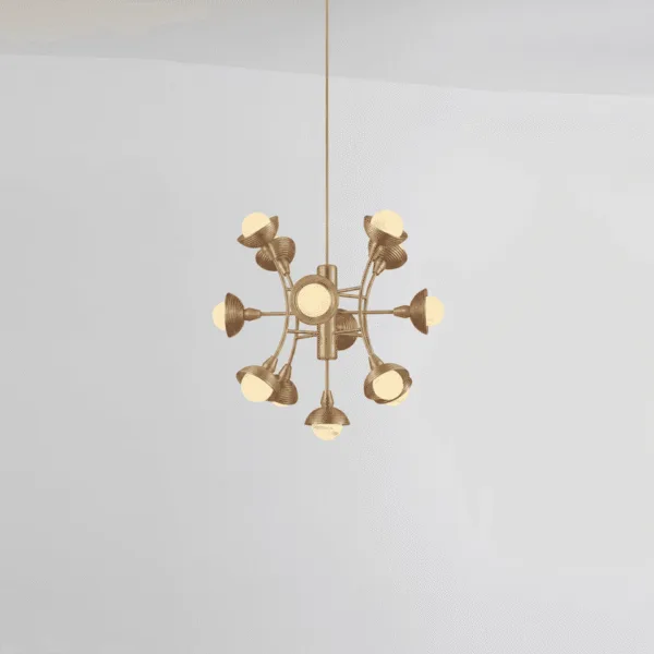 13-light sputnik chandelier in brushed gold, reeded wood domes and alabaster balls radiating from a central alabaster hub