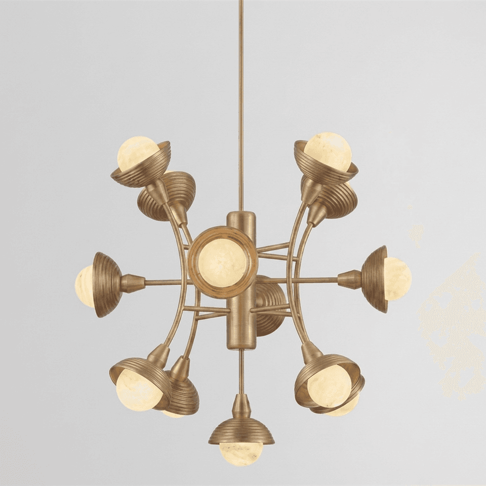 Sputnik Chandelier – 13-Light Reeded Wood & Alabaster, 70 cm | Jagmag Lights 2 Brushed-gold sputnik chandelier, closer view of the reeded wood domes and alabaster balls on curved arms