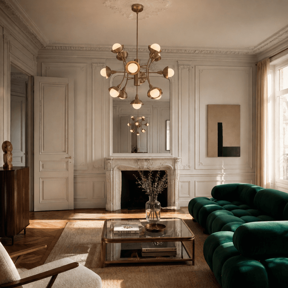 Sputnik Chandelier – 13-Light Reeded Wood & Alabaster, 70 cm | Jagmag Lights 3 Brushed-gold sputnik chandelier in a classic Parisian living room with fireplace and green sofa