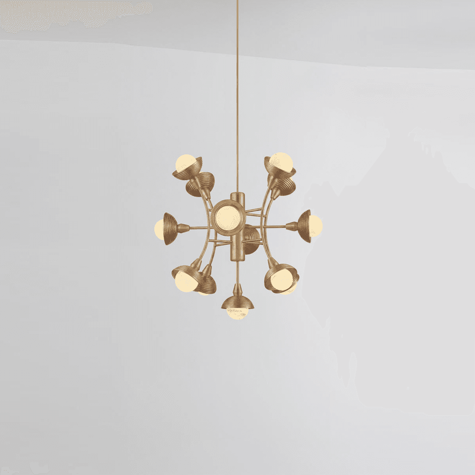 13-light sputnik chandelier in brushed gold, reeded wood domes and alabaster balls radiating from a central alabaster hub