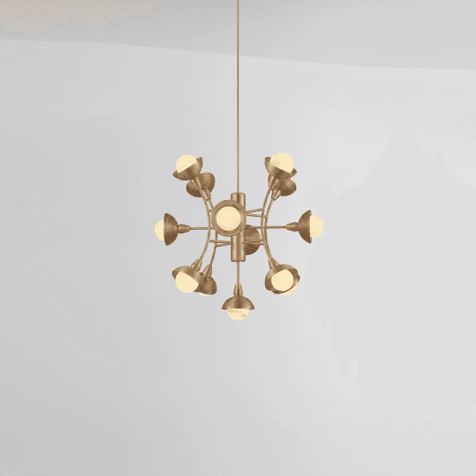 13-light sputnik chandelier in brushed gold, reeded wood domes and alabaster balls radiating from a central alabaster hub