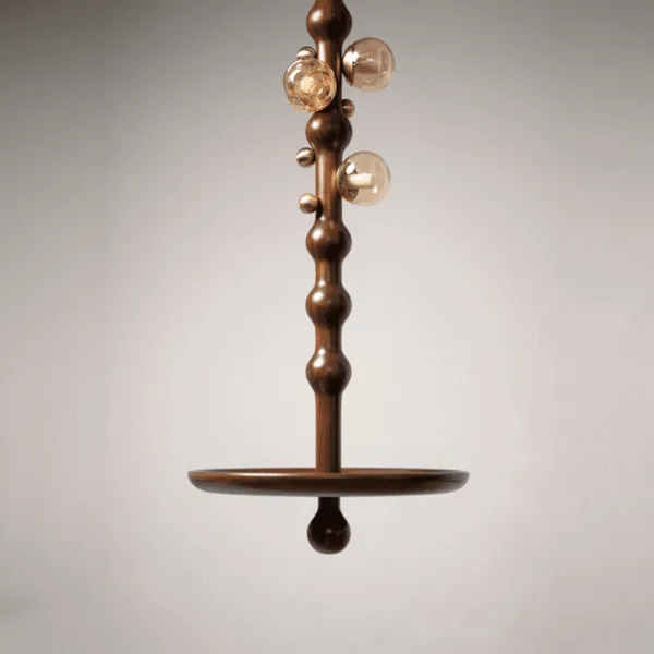 Close-up of the round teak plate and drop-shaped teak finial of the teak wooden hanging lamp, amber borosilicate glass globes above