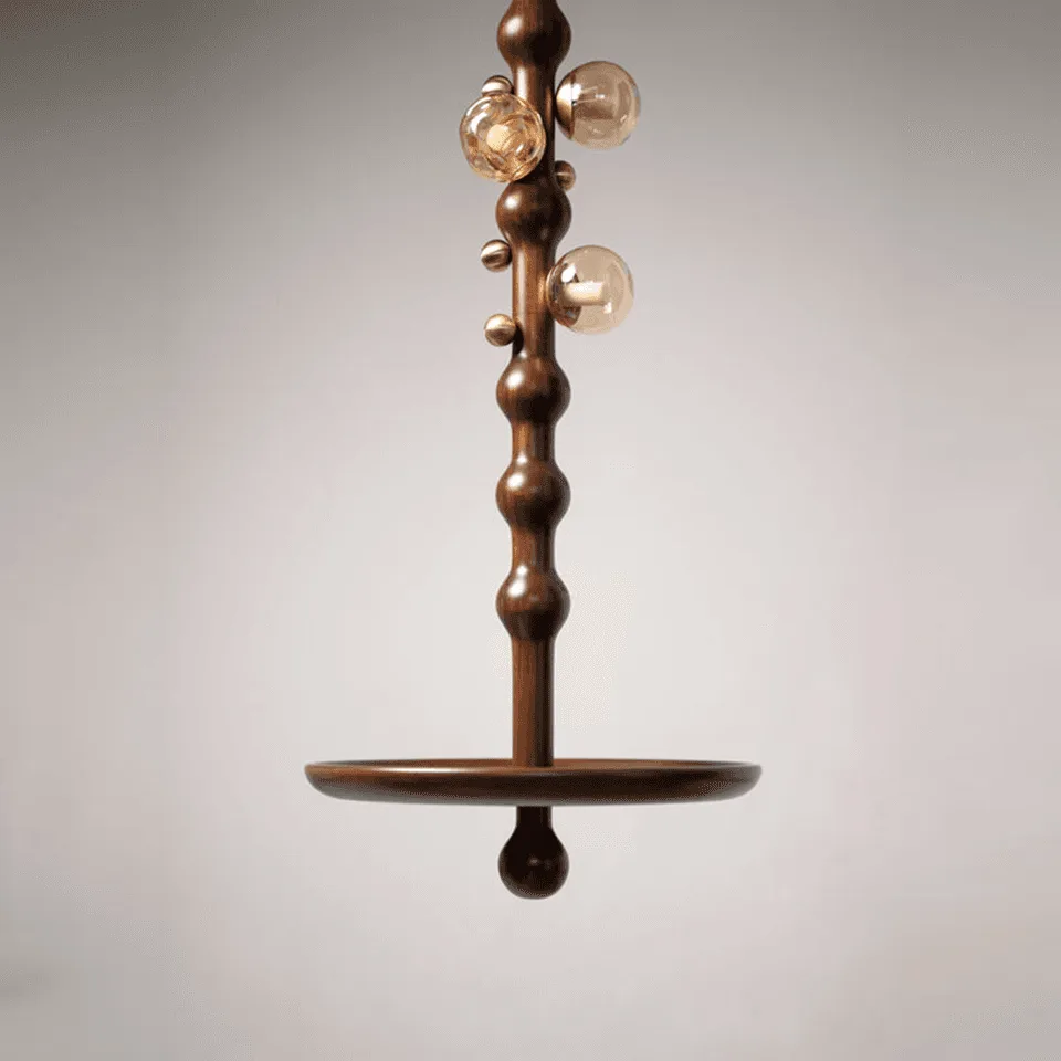 Stem Pendant Light – Sculpted Reclaimed Teak with Amber Glass Globes & Side Table | Jagmag Lights 5 Close-up of the circular teak plate and base finial of the Stem pendant light with amber globes above