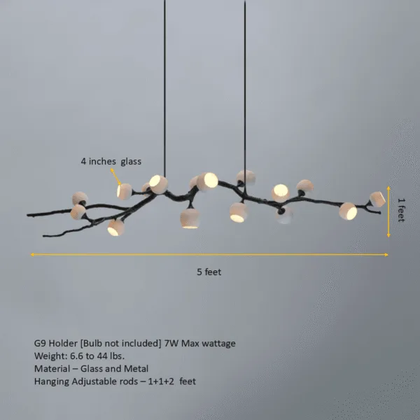 Dimension drawing of the twig chandelier: 5 feet long, 1 foot deep, 4 inch glass cups