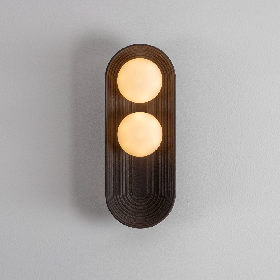 Twin Oval Wall Light – Reeded Wood & Opal Glass, Matt Gold or Bronze | Jagmag Lights 2 Twin oval wall light in antique bronze, reeded capsule backplate with two opal glass balls glowing warm