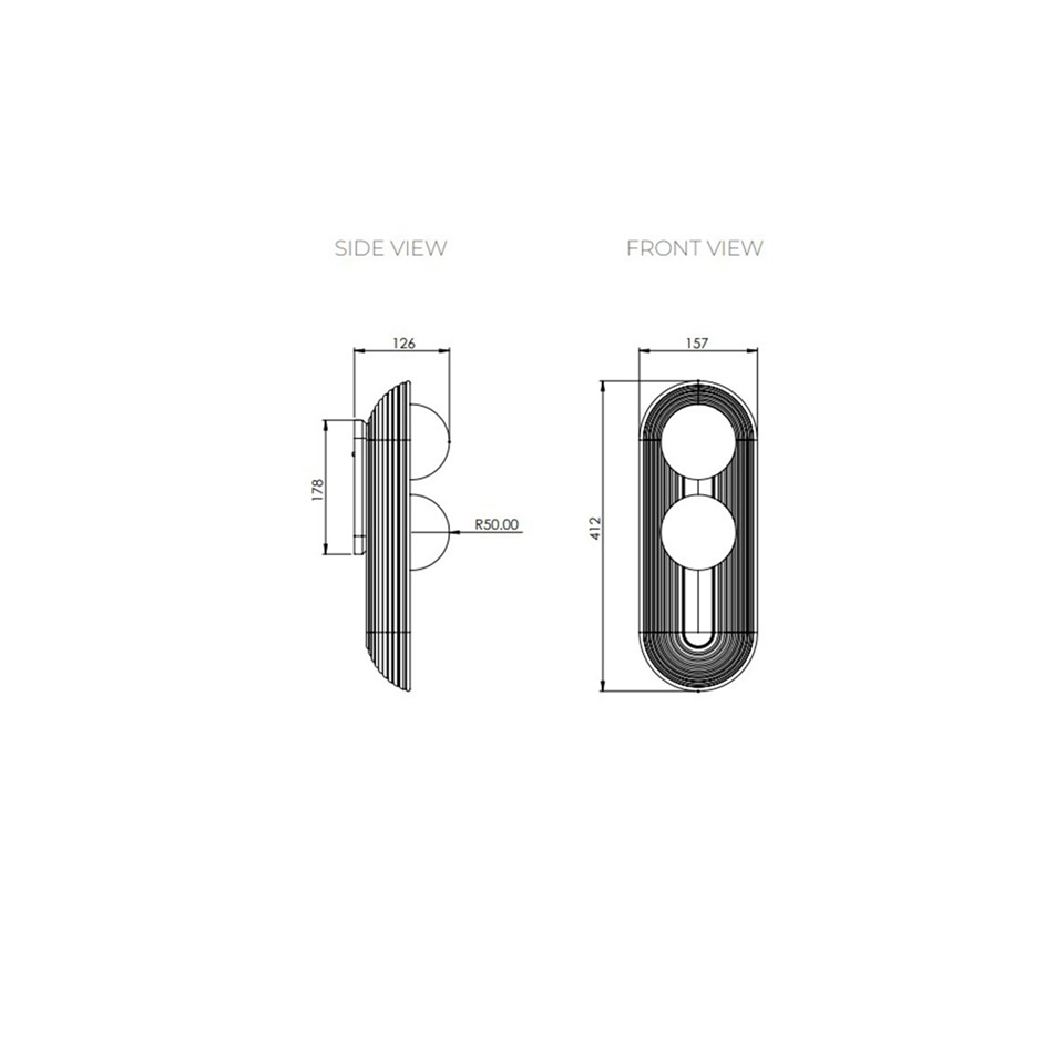 Twin Oval Wall Light – Reeded Wood & Opal Glass, Matt Gold or Bronze | Jagmag Lights 5 Twin oval wall light dimension drawing: 412 mm tall, 157 mm wide, 126 mm projection, R50 opal balls