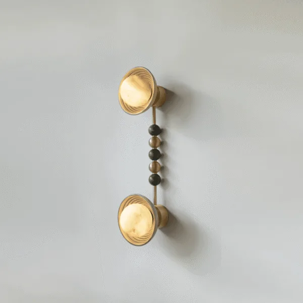 Twin Wall Sconce – Reeded Wood, Opal Glass & Green Stone Beads, 68 cm | Jagmag Lights — 3D preview