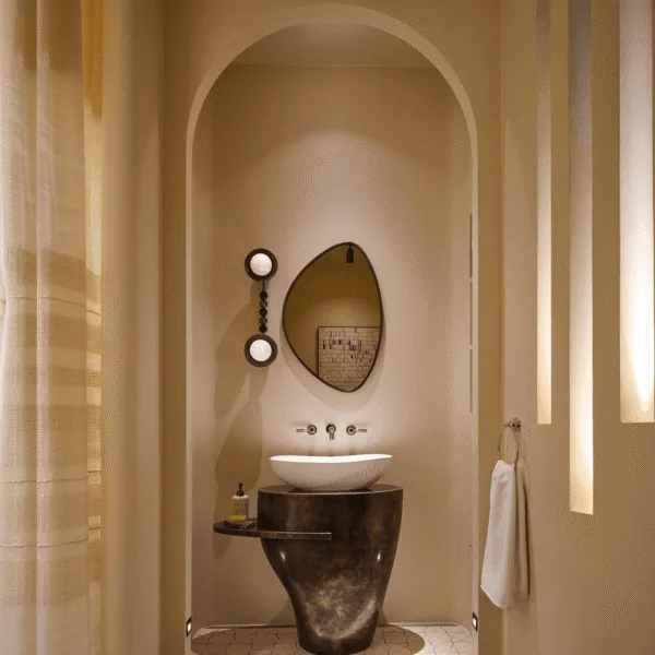 Double wall light beside an organic mirror above a vessel basin in a warm arched powder room