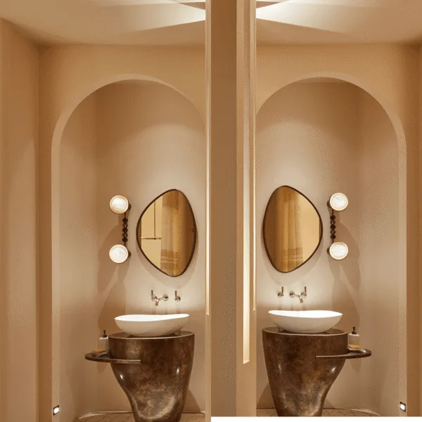 Two arched powder rooms, each with a double wall light beside an organic mirror over a vessel basin