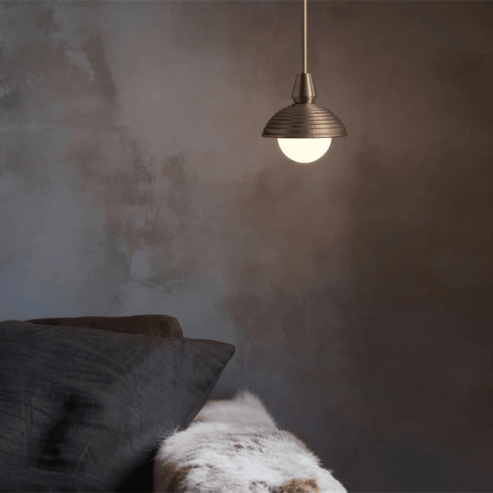 Wood Pendant Light – Reeded Matt-Gold Dome & Opal Glass Ball | Jagmag Lights 2 Wood pendant light lit warm over a bed against a plaster wall