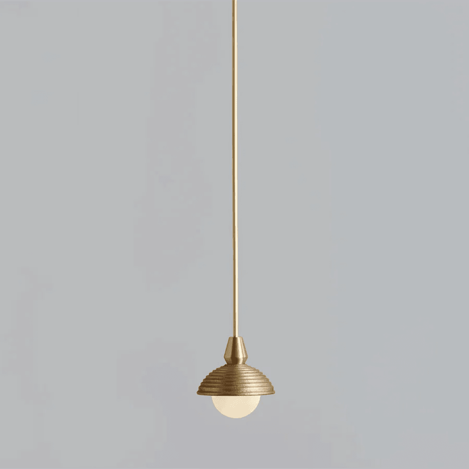 Wood Pendant Light – Reeded Matt-Gold Dome & Opal Glass Ball | Jagmag Lights 5 Wood pendant light on a long brass drop, reeded gold dome and opal glass ball
