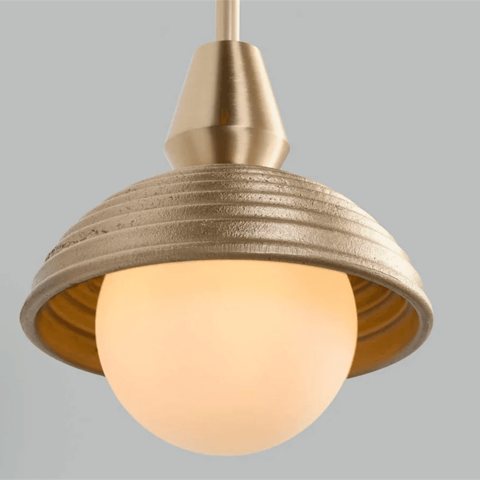 Wood Pendant Light – Reeded Matt-Gold Dome & Opal Glass Ball | Jagmag Lights 3 Close-up of the reeded wood dome and opal glass ball of the pendant light