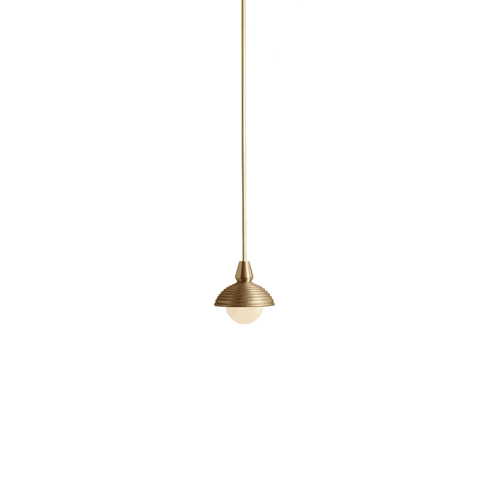 Wood Pendant Light – Reeded Matt-Gold Dome & Opal Glass Ball | Jagmag Lights 6 Wood pendant light with reeded gold dome and opal glass ball on a white background